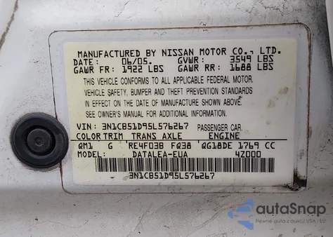 2005 Nissan Sentra 1.8S from USA, damaged, VIN 3N1CB51D95L576267